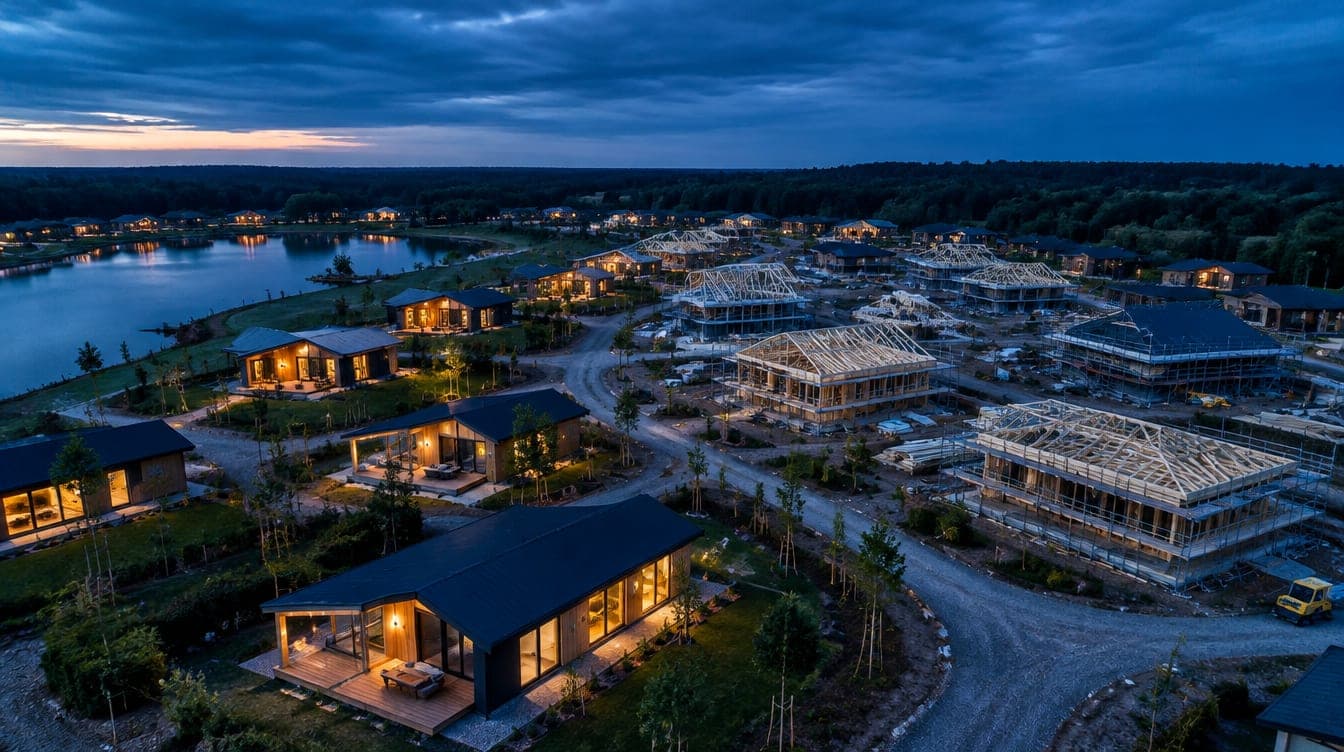 Luchtfoto van een recreatiepark in aanbouw tijdens het blauwe uur, met afgeronde en nog in aanbouw zijnde recreatiewoningen